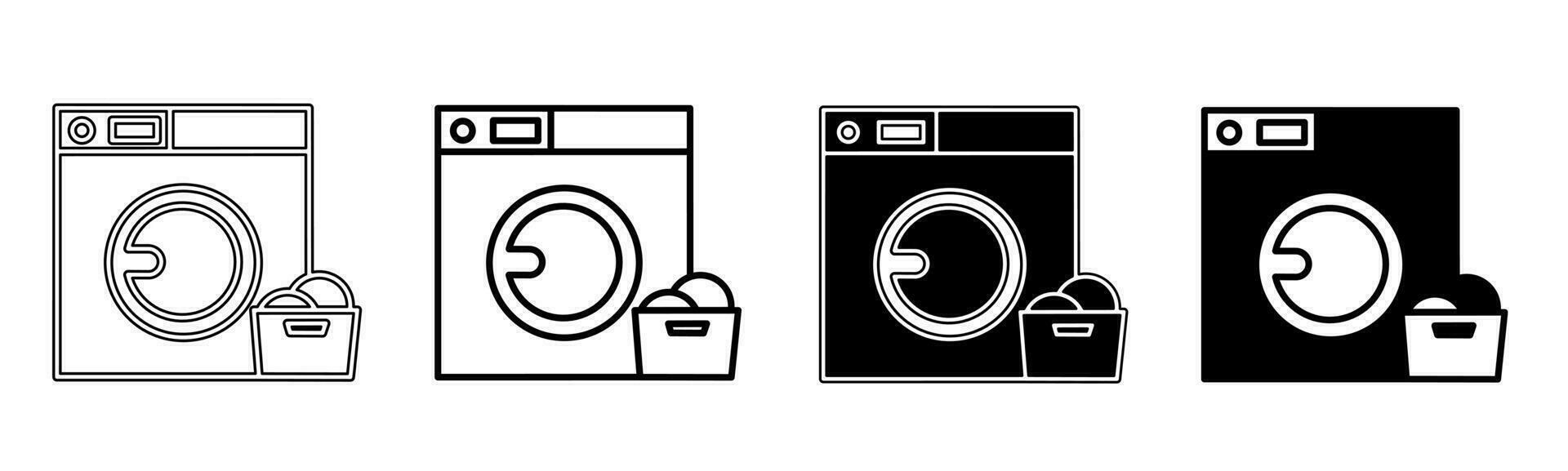 Black and white illustration of a washing machine. Washng machine icon collection with line. Stock vector illustration.