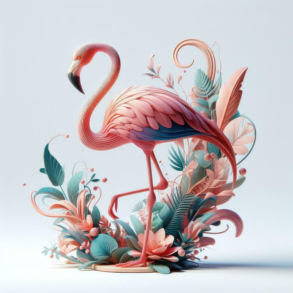 AI generated Illustration of Pink Flamingo Perched on a Vibrant Green Plant Created With Generative AI Technology photo