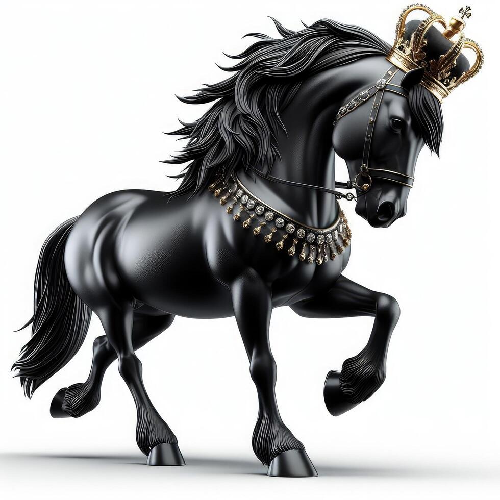 ai generado ilustración de un majestuoso negro caballo vistiendo un corona creado con generativo ai tecnología foto