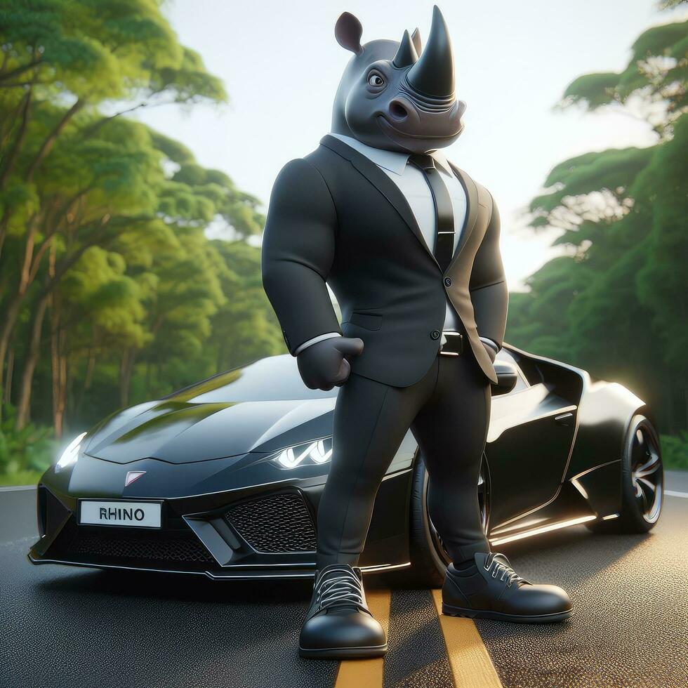 AI generated Illustration of a Dapper Rhino Posing Next to a Stylish Car Created With Generative AI Technology photo