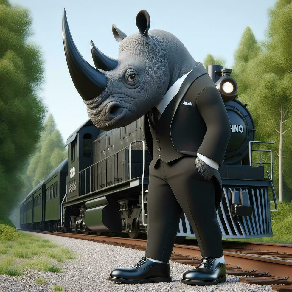 AI generated Illustration of Man in Suit Poses Next to Vintage Train Created With Generative AI Technology photo
