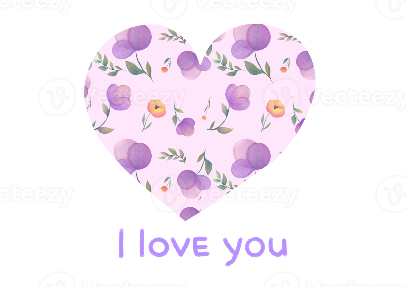 neat watercolor heart with lilac floral pattern and inscription I love you on transparent background. Cute clipart hand drawn illustration. Concept - romantic relationship, Love, Valentine's Day, life png