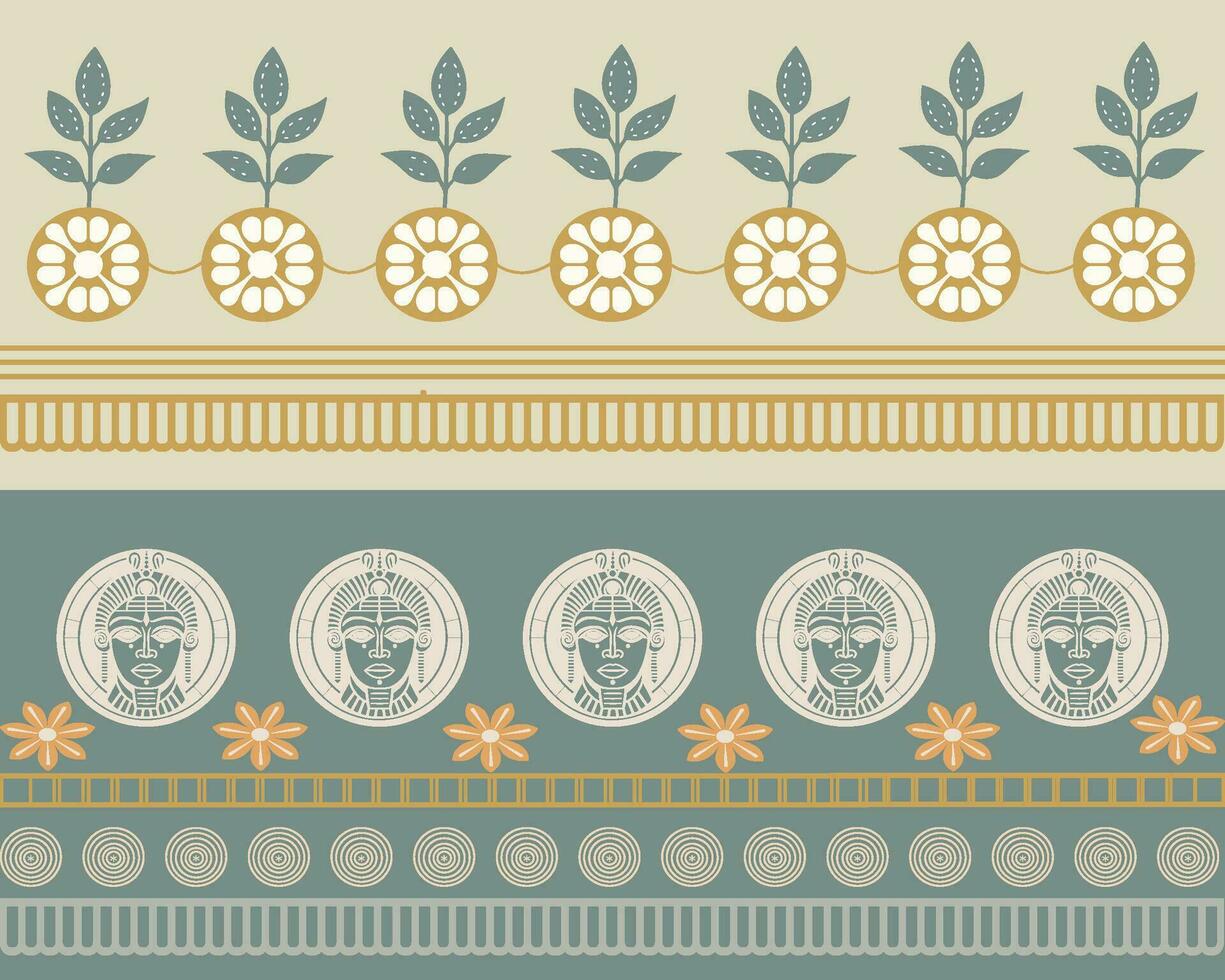 Floral Patterns and Geometric Borders Artwork in Green and Beige Tones vector