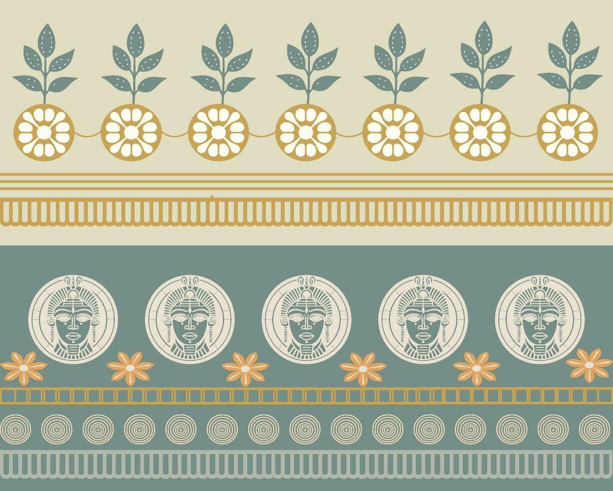 Floral Patterns and Geometric Borders Artwork in Green and Beige Tones vector