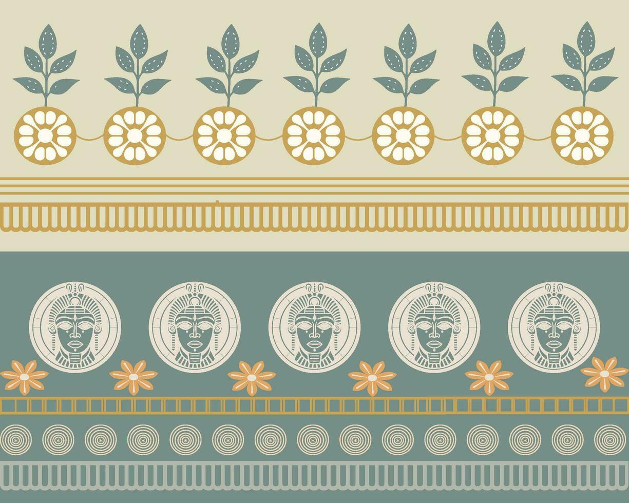 floral patrones y geométrico fronteras obra de arte en verde y beige tonos vector