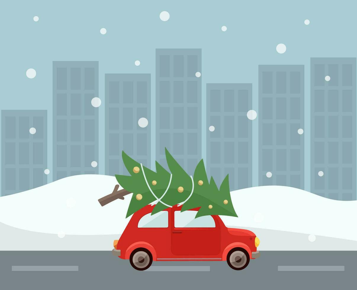 A red car with a Christmas tree on the roof against the backdrop of a city landscape. Vector Christmas and New Year card. Template for greeting card, poster, banner, invitation design. Vector.