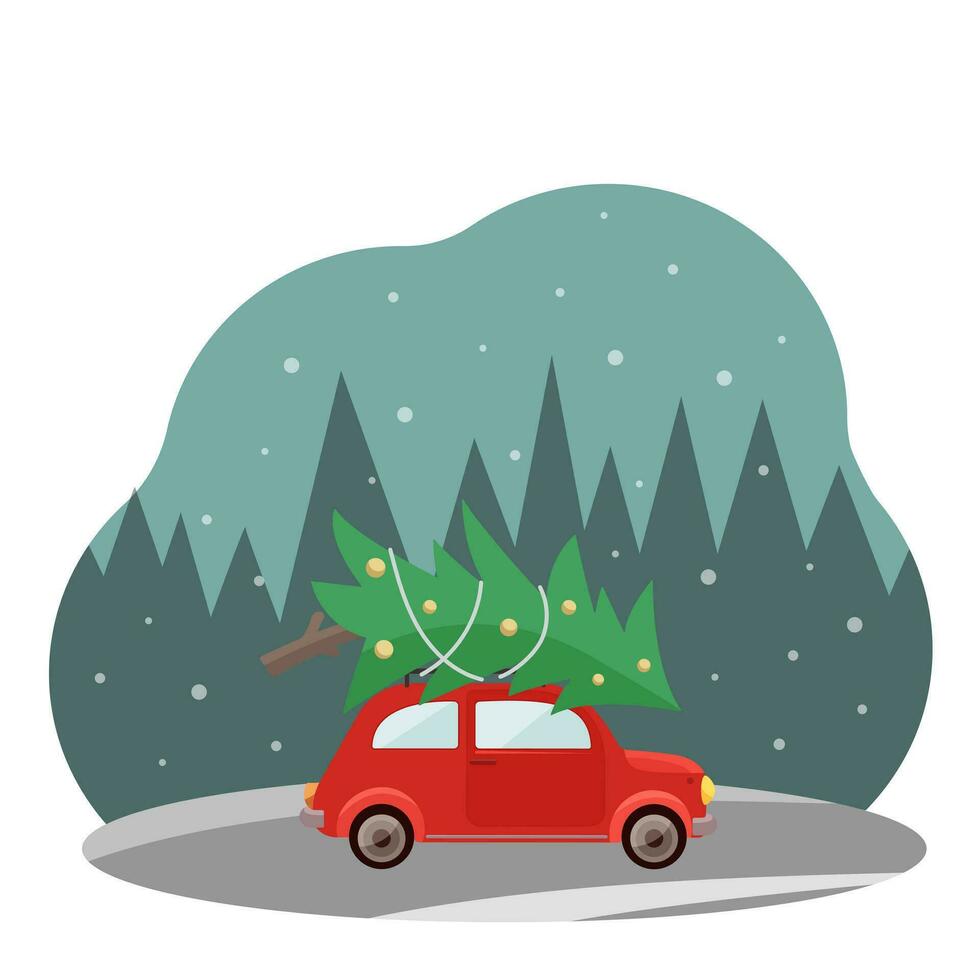 Vector Christmas and New Year card. Retro car with a Christmas tree on the roof. Template for greeting card, poster, banner, invitation design. Vector illustration.