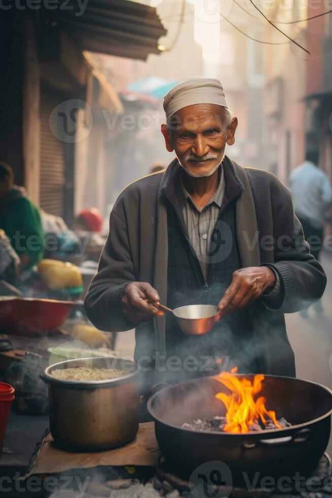 AI generated An Old Man Cooking Outdoors photo