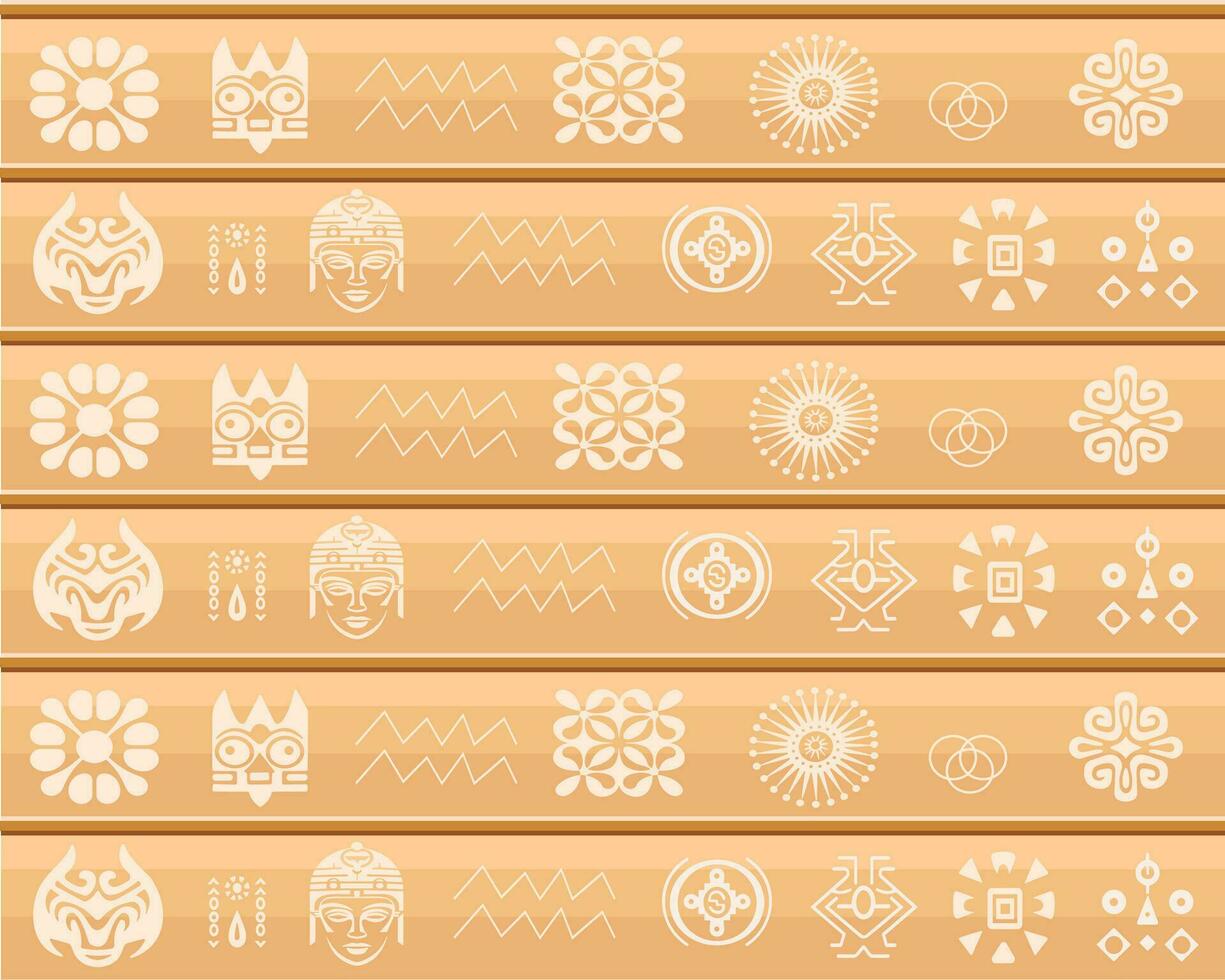 Light Brown Background with Tribal Patterns, Symbols, and Faces vector