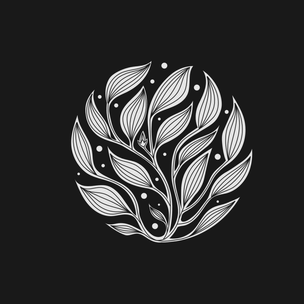 circle floral leave with linear style on black background vector
