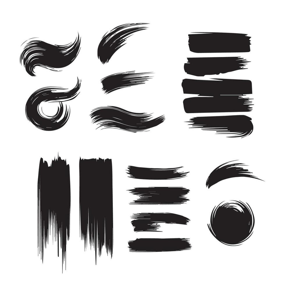 Set of vector paint brush stroke, ink splatter and artistic design elements. Dirty watercolor texture, box, frame, grunge background, splash or creative shape for social media. Abstract drawing.