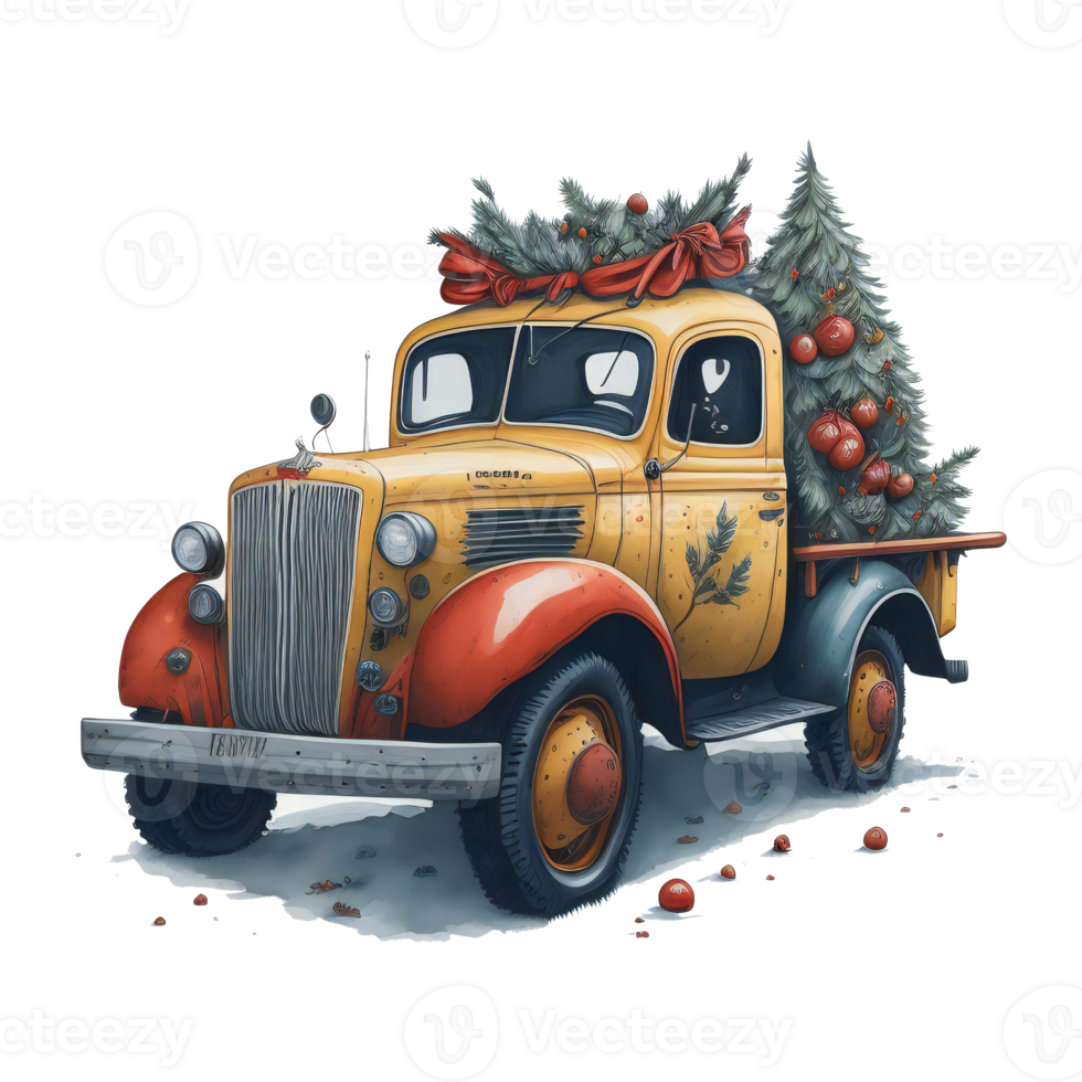 AI generated Vintage Christmas Truck Watercolor Clipart png