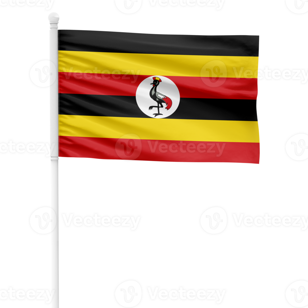 Realistic Uganda Flag Waving on a White Metal Pole with Transparent Background png