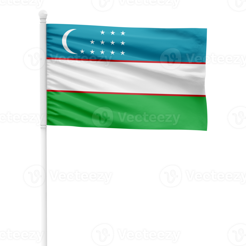 Realistic Uzbekistan Flag Waving on a White Metal Pole with Transparent Background png