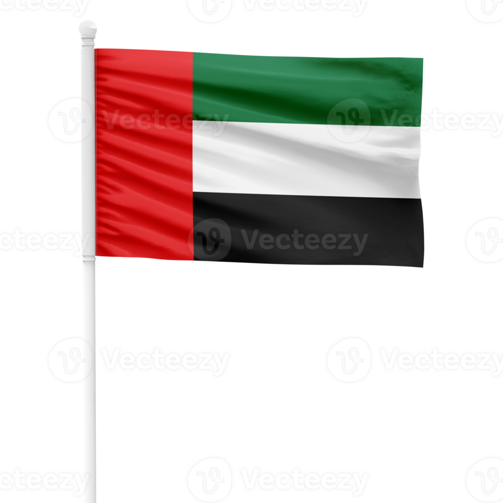 Realistic United Arab Emirates Flag Waving on a White Metal Pole with Transparent Background png