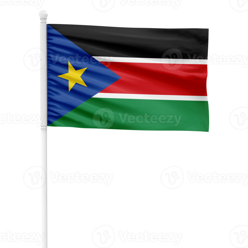 Realistic South Sudan Flag Waving on a White Metal Pole with Transparent Background png