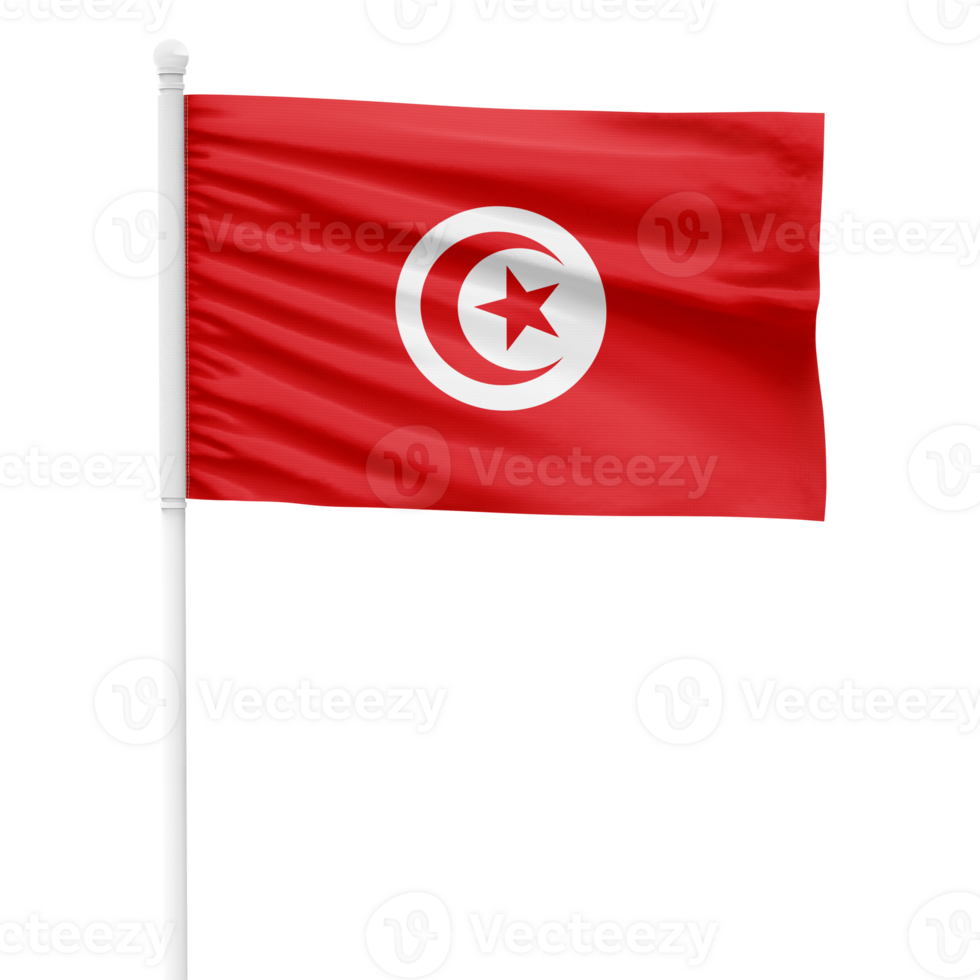 Realistic Tunisia Flag Waving on a White Metal Pole with Transparent Background png