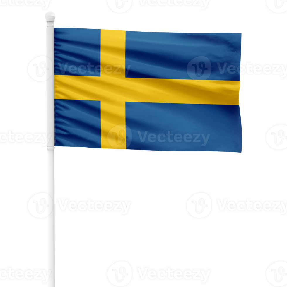 Realistic Sweden Flag Waving on a White Metal Pole with Transparent Background png