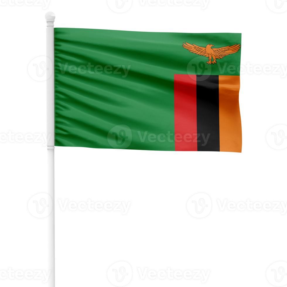 Realistic Zambia Flag Waving on a White Metal Pole with Transparent Background png