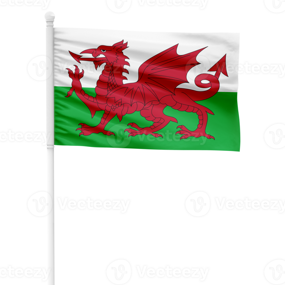 Realistic Wales Flag Waving on a White Metal Pole with Transparent Background png