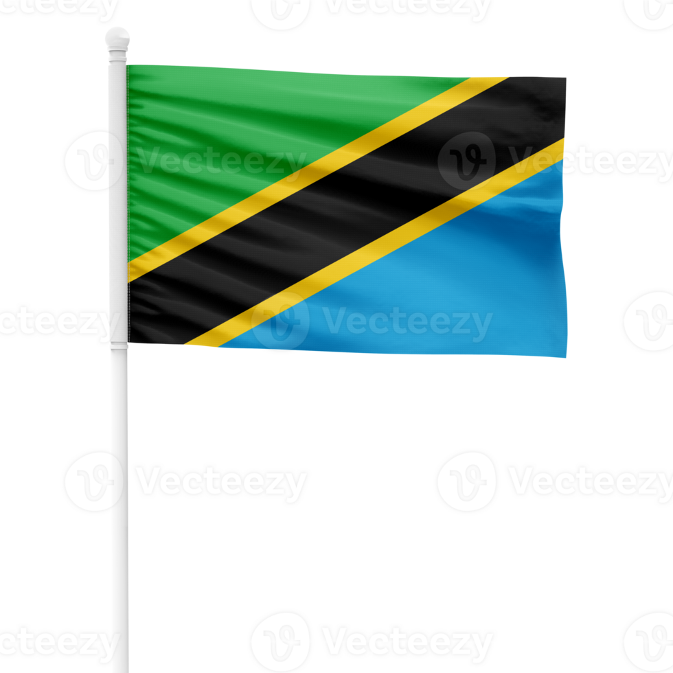 Realistic Tanzania Flag Waving on a White Metal Pole with Transparent Background png