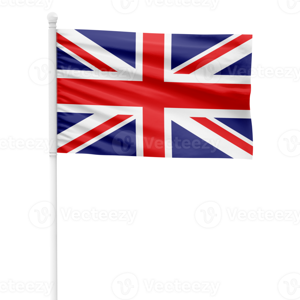 Realistic United Kingdom Flag Waving on a White Metal Pole with Transparent Background png