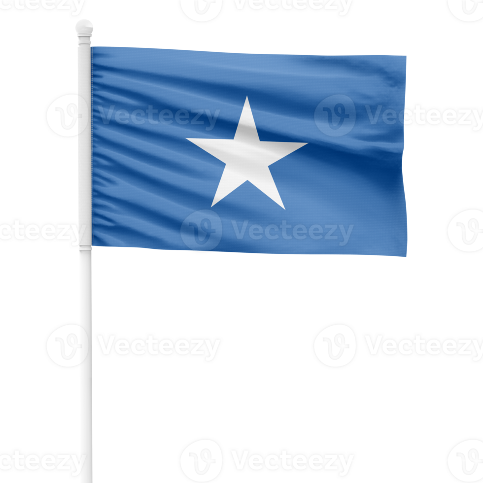 Realistic Somalia Flag Waving on a White Metal Pole with Transparent Background png
