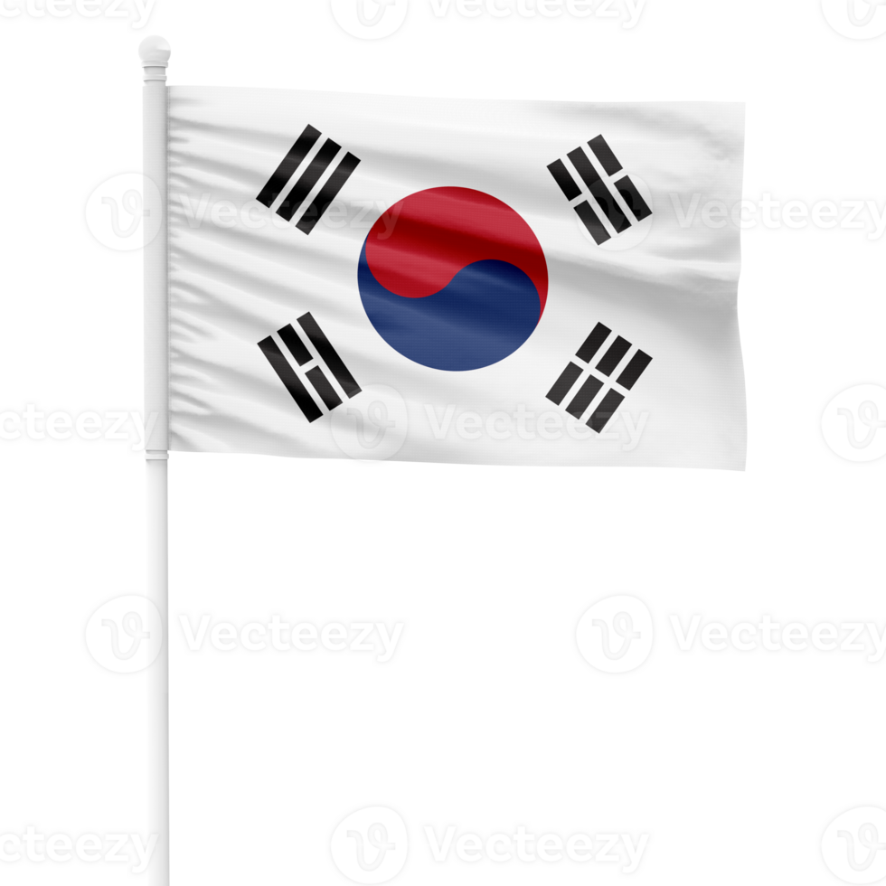 Realistic South Korea Flag Waving on a White Metal Pole with Transparent Background png