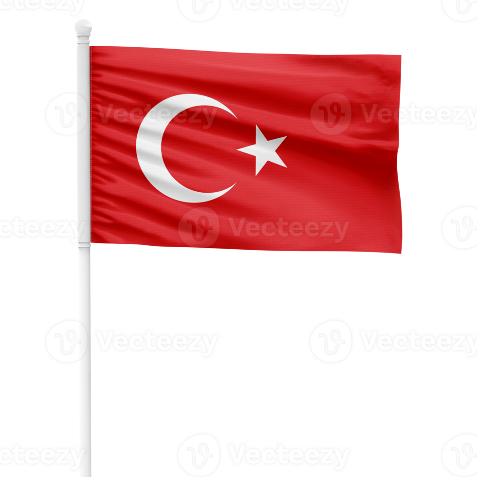 Realistic Turkey Flag Waving on a White Metal Pole with Transparent Background png