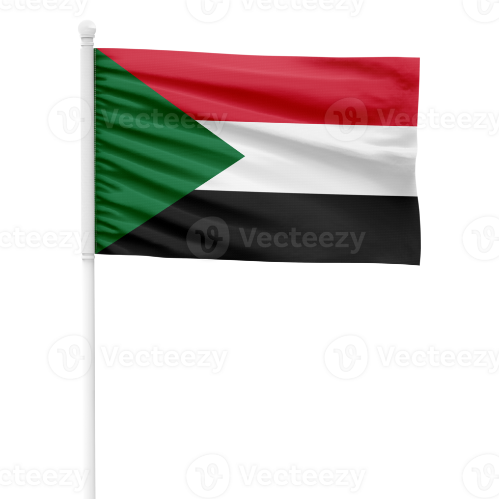 Realistic Sudan Flag Waving on a White Metal Pole with Transparent Background png