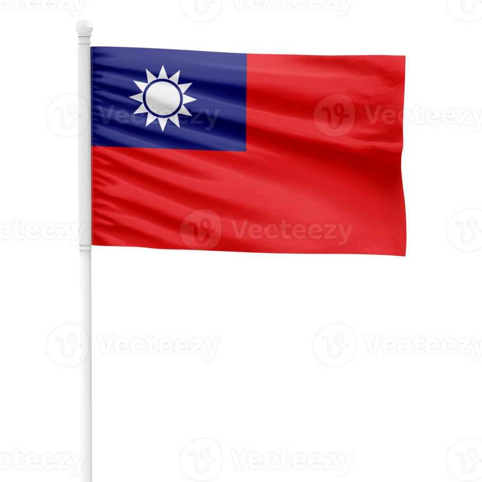 Realistic Taiwan Flag Waving on a White Metal Pole with Transparent Background png