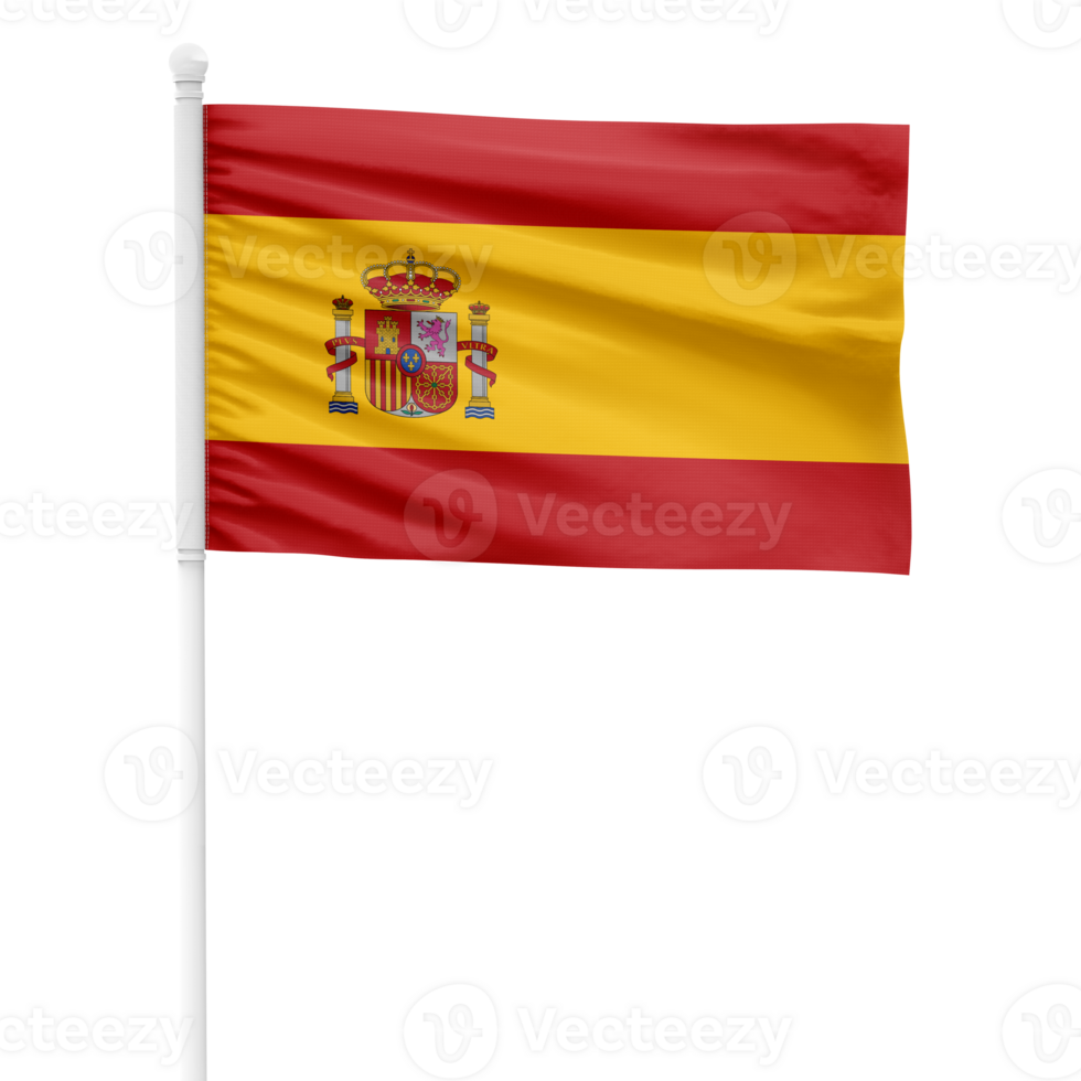 Realistic Spain Flag Waving on a White Metal Pole with Transparent Background png