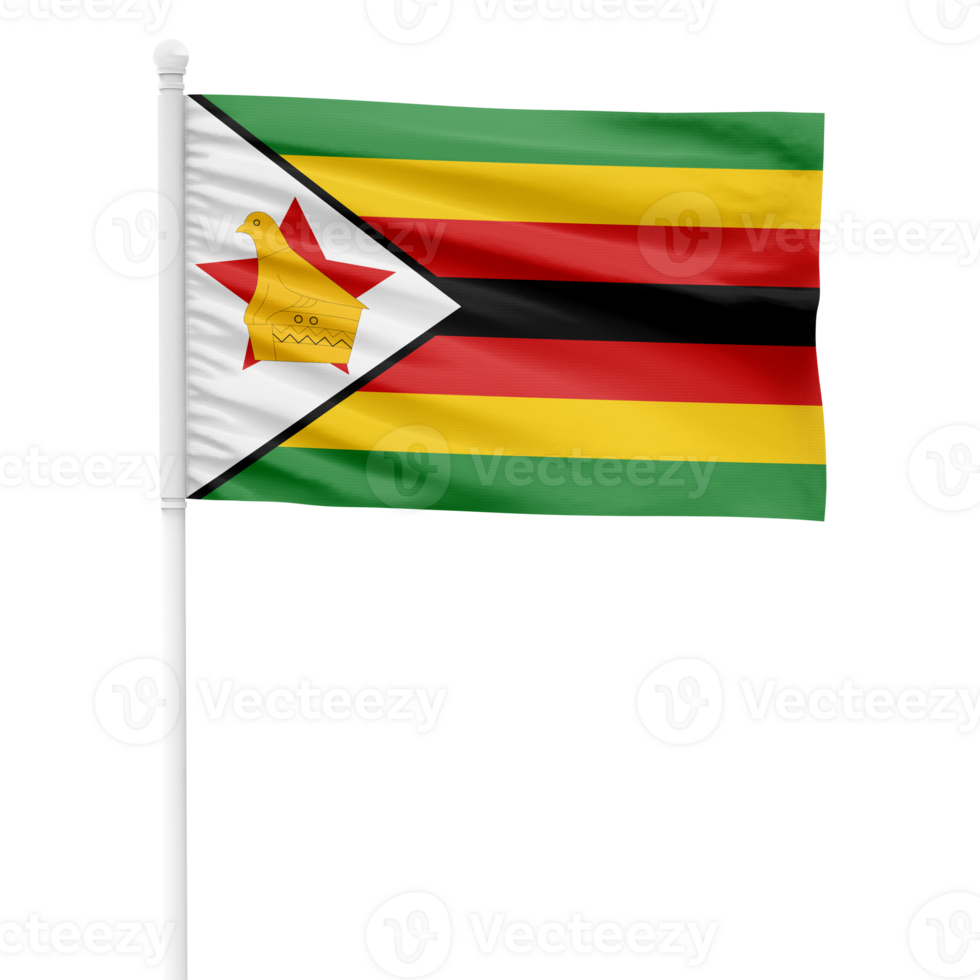 Realistic Zimbabwe Flag Waving on a White Metal Pole with Transparent Background png