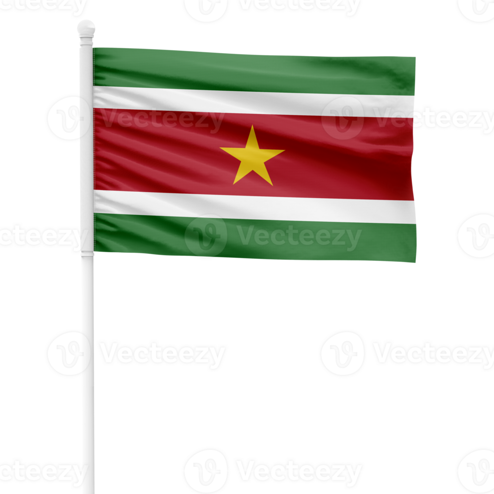 Realistic Suriname Flag Waving on a White Metal Pole with Transparent Background png