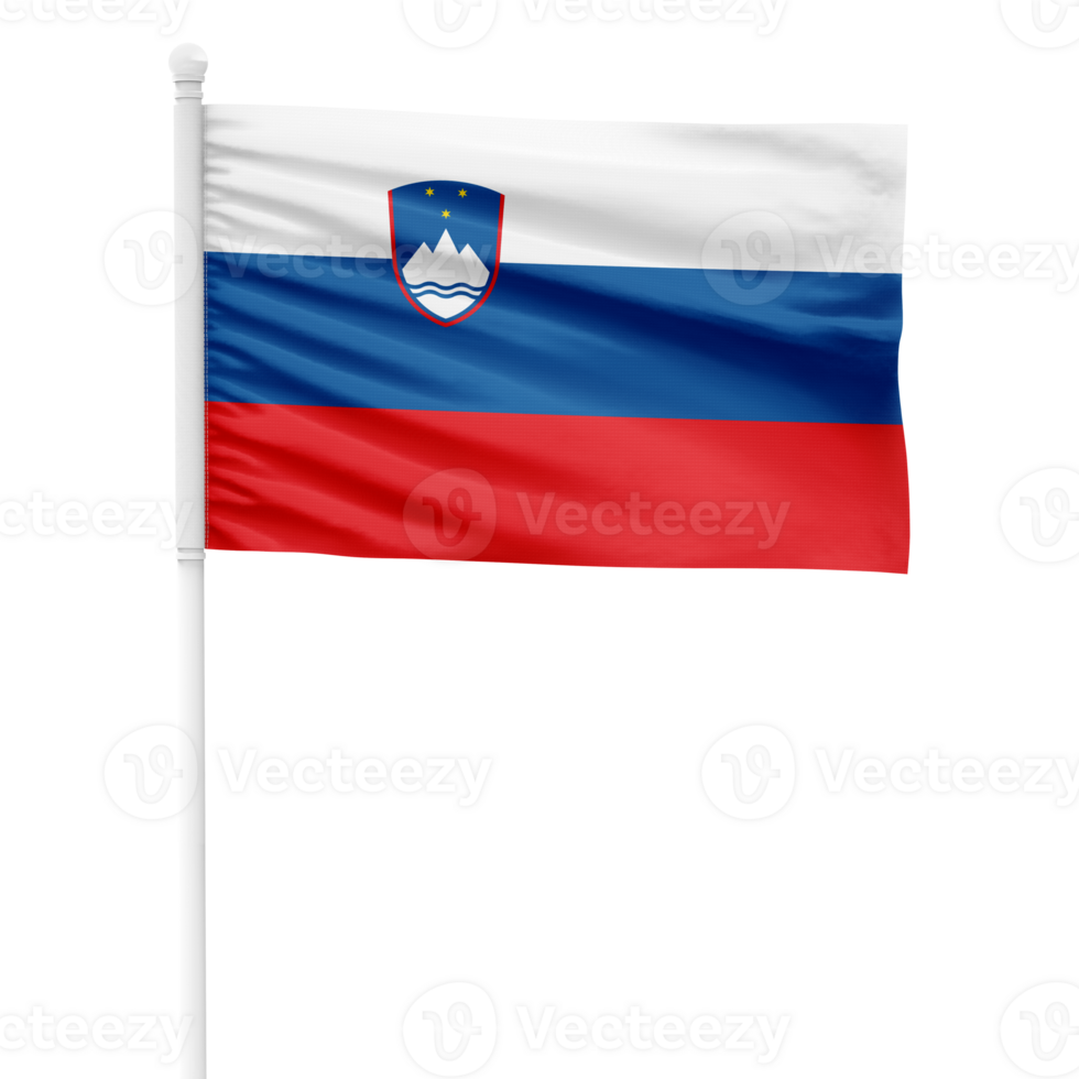 Realistic Slovenia Flag Waving on a White Metal Pole with Transparent Background png