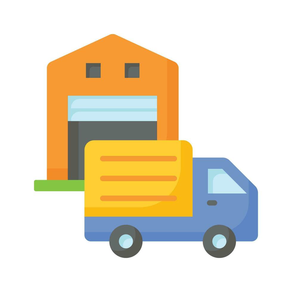 Delivery van front of warehouse showing concept icon of logistics delivery, order fulfillment vector design