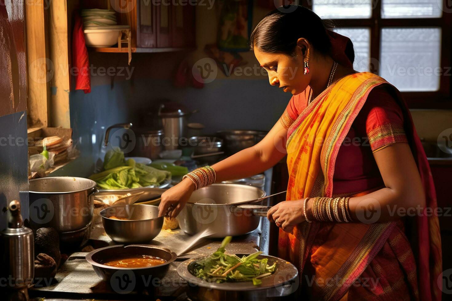 AI generated A woman in an Indian kitchen preparing food photo