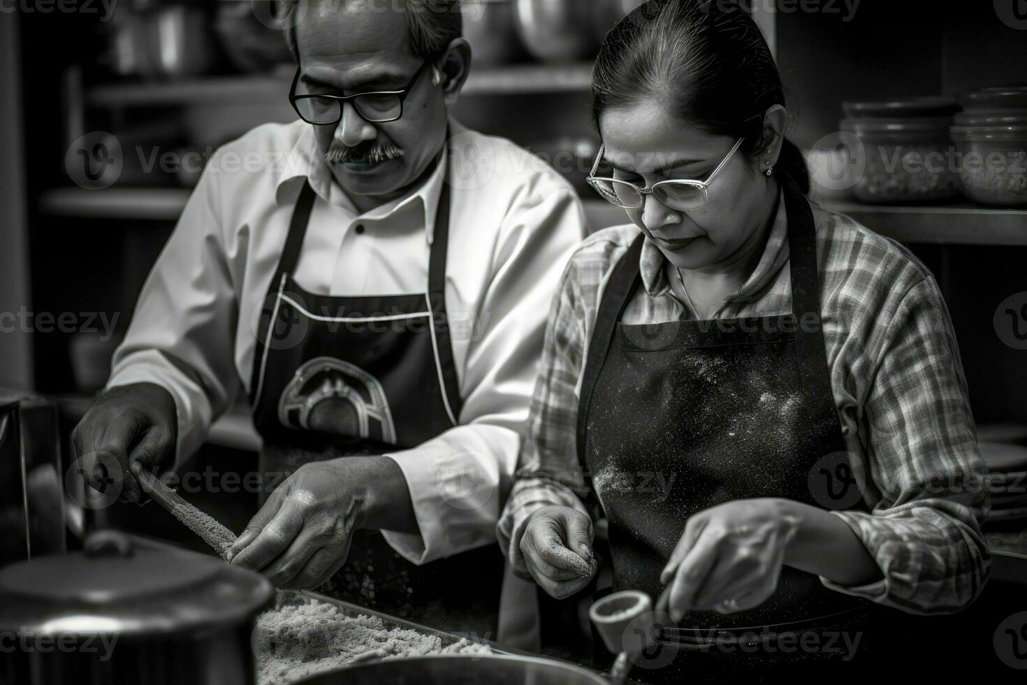 ai generado un Cocinando Pareja en el cocina foto