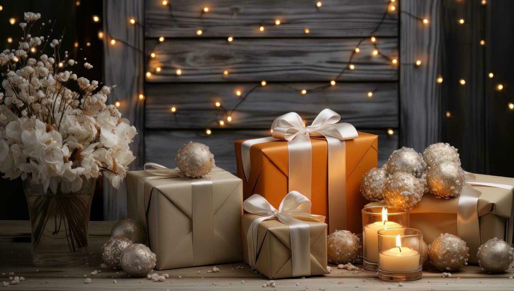 AI generated Christmas decoration with candles and gifts photo