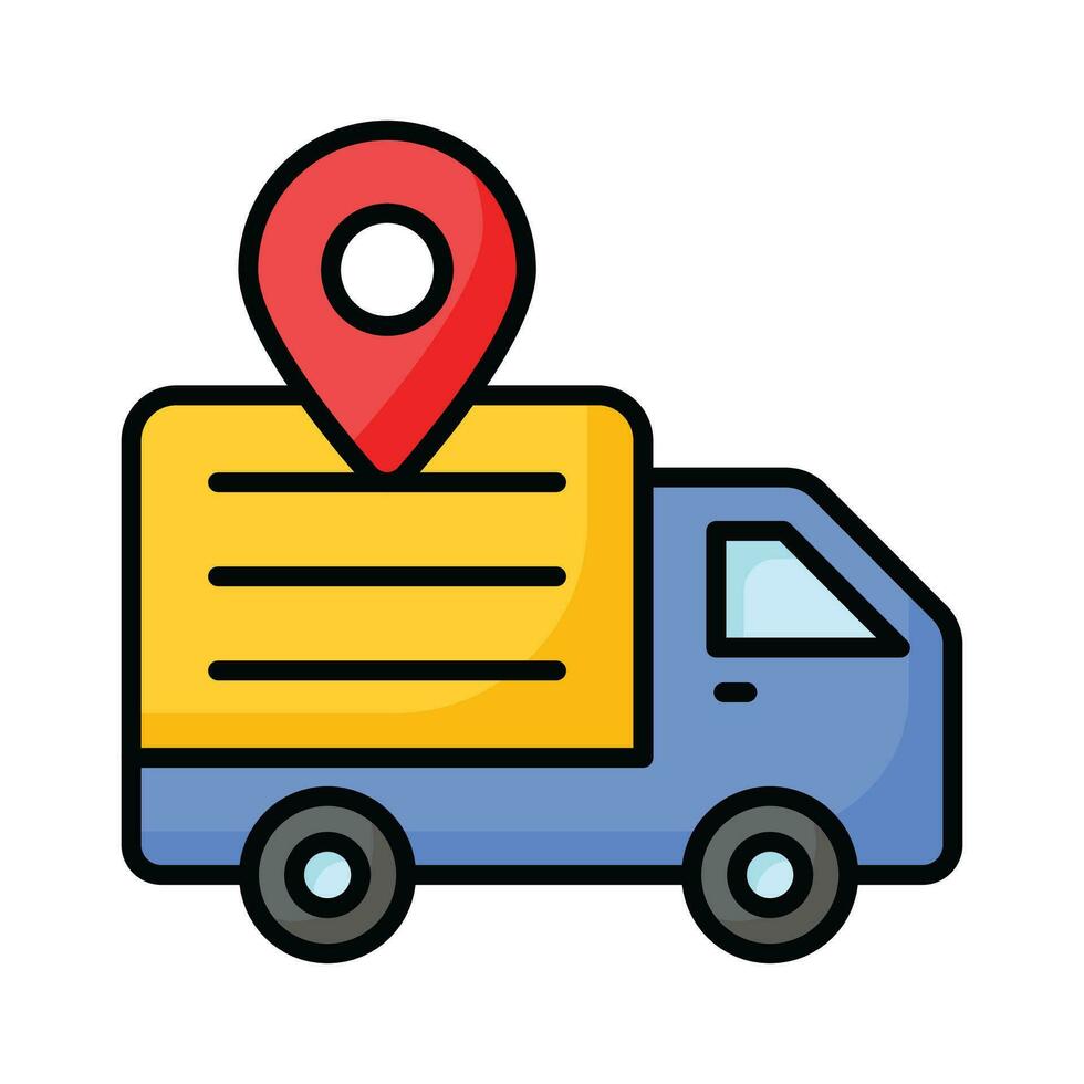 Cargo truck with map pin showing concept icon of cargo location, delivery tracking vector