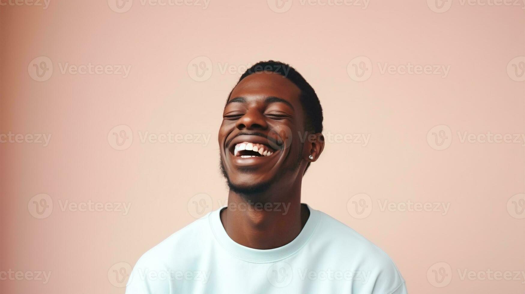 AI generated Laughing Black Man isolated on Minimalist Background. DEIB, Diversity, Equity, Inclusion, Belonging photo