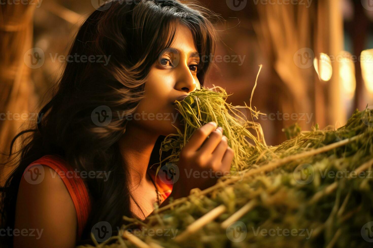 AI generated A woman enjoying a unique activity - eating grass or straw photo