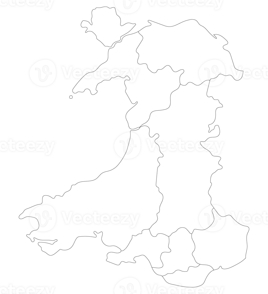 Wales map. Map of Wales divided in main regions in white color png