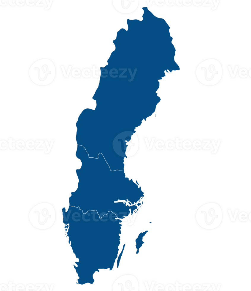 Sweden map. Map of Sweden divided into three main regions in blue color, Gotaland, Svealand and Norrland png