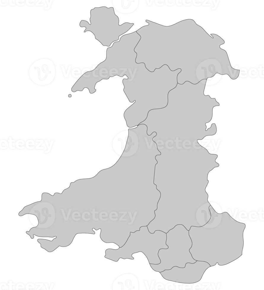 Wales map. Map of Wales divided in main regions in grey color png