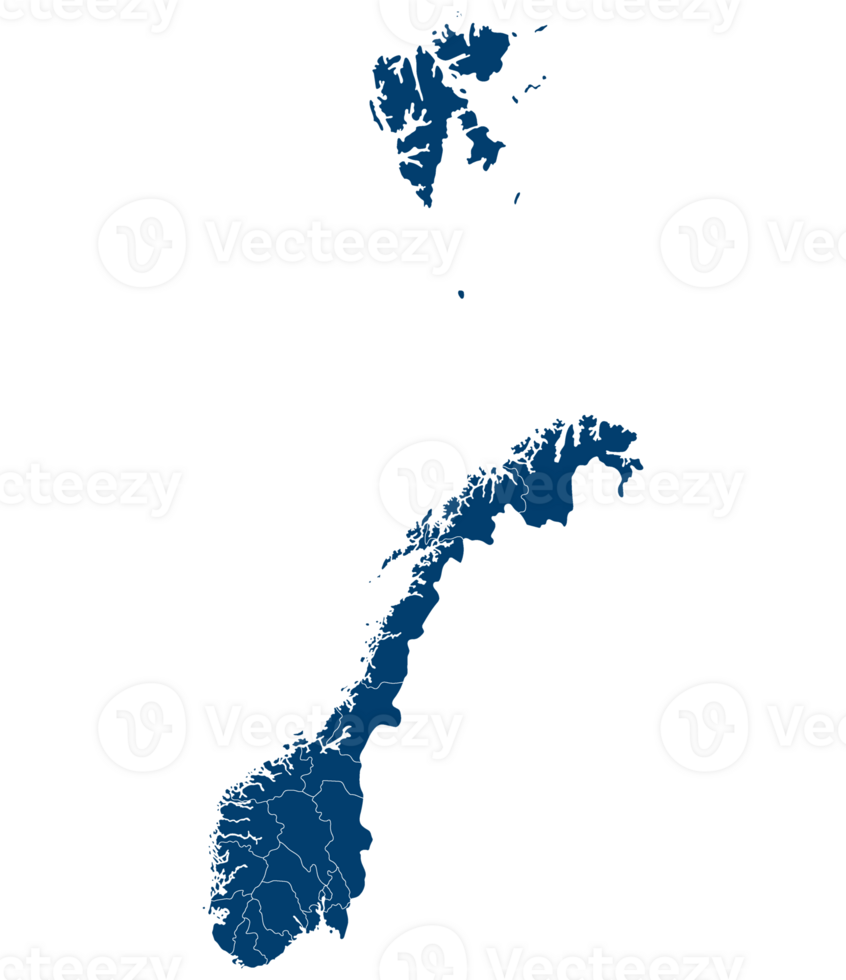 Norway map. Map of Norway divided in administrative regions in blue color png