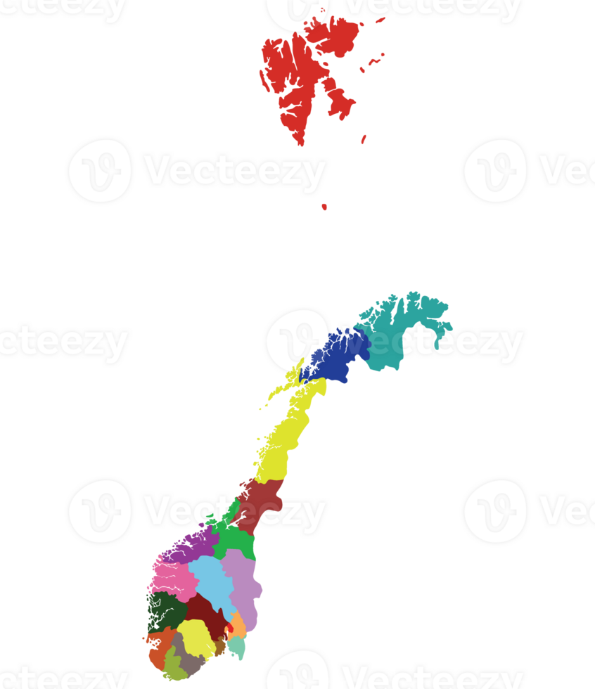 Norway map. Map of Norway divided in administrative regions png