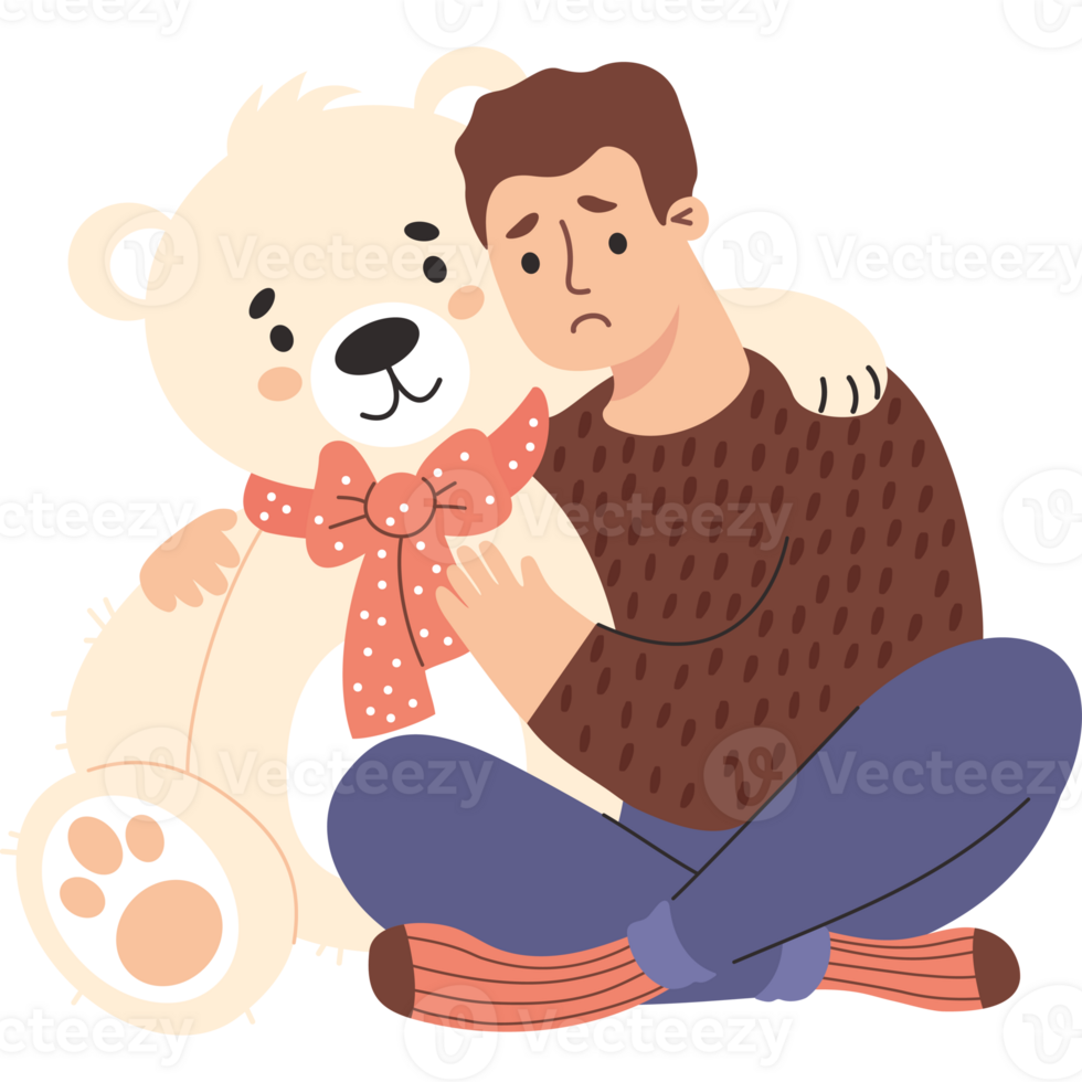 Lonely sad man with teddy bear png