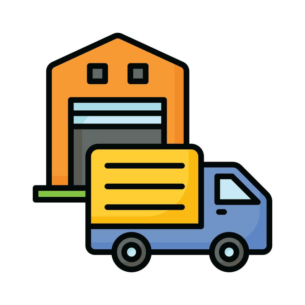 Delivery van front of warehouse showing concept icon of logistics delivery, order fulfillment vector design