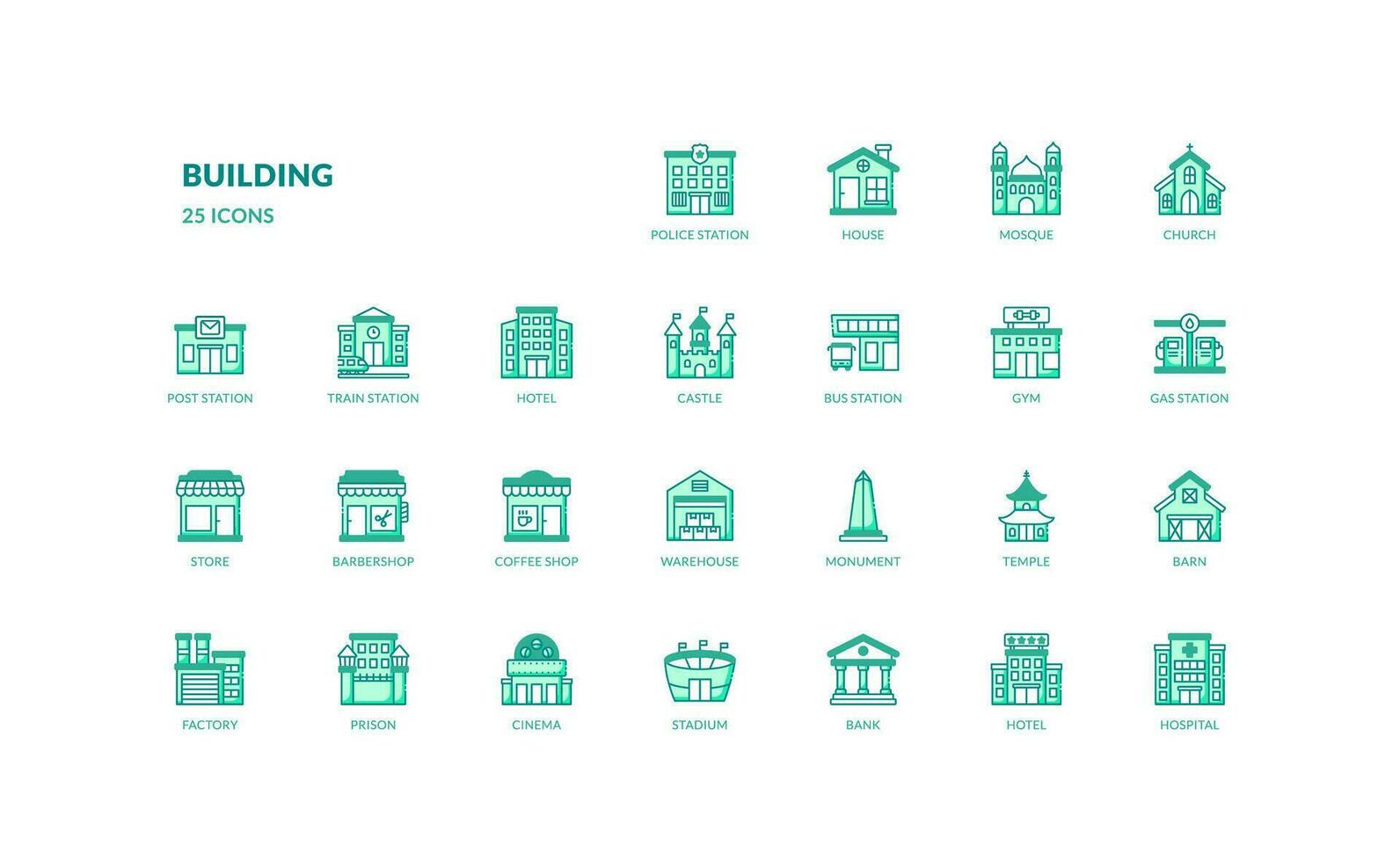 edificio arquitectura público Servicio urbano detallado verde color icono conjunto vector